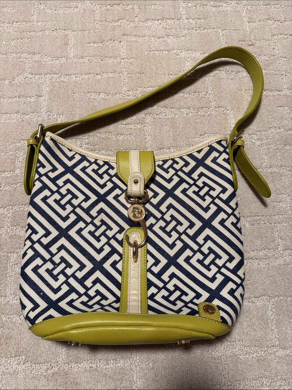 Spartina 449 Women's Navy Geometric Linen Shoulder Bag with Lime Trim